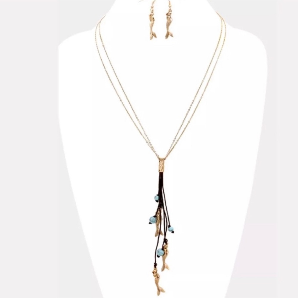 MERMAID‎ leather fringed & Gold Necklace & Earrings Set NWT